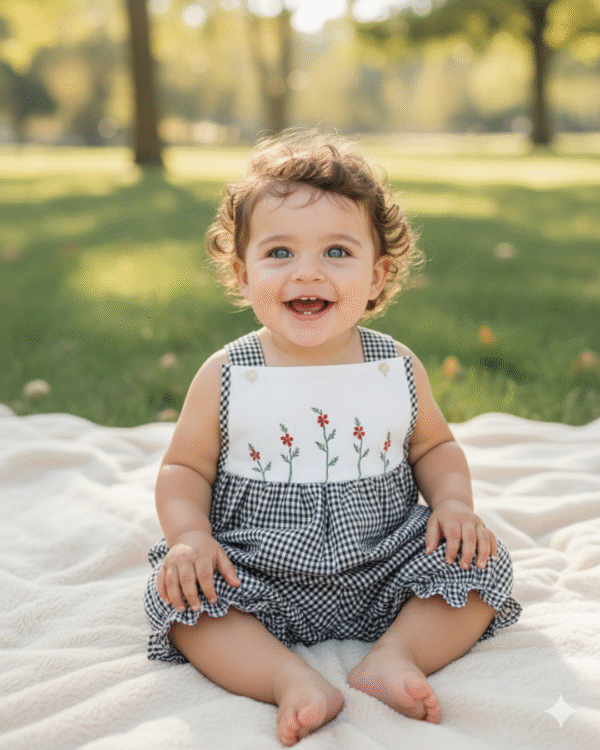 Gingham Cotton Rompers – Hand Embroidered, Unisex